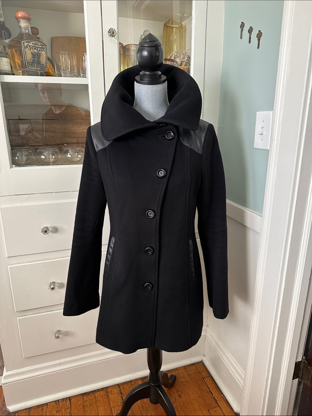 Mackage Black Wool Coat w Leather trim dramatic collar L Aughts Vintage
